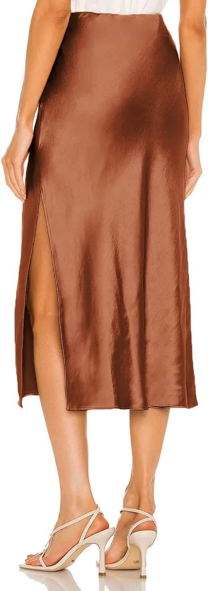 Midi Silk Skirt Women's Spring Summer Satin High Waist Side Split Ruffle A-line Long Skirts