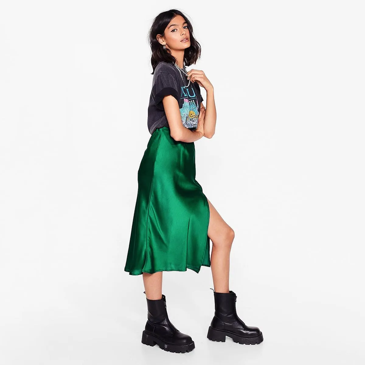 Midi Silk Skirt Women's Spring Summer Satin High Waist Side Split Ruffle A-line Long Skirts