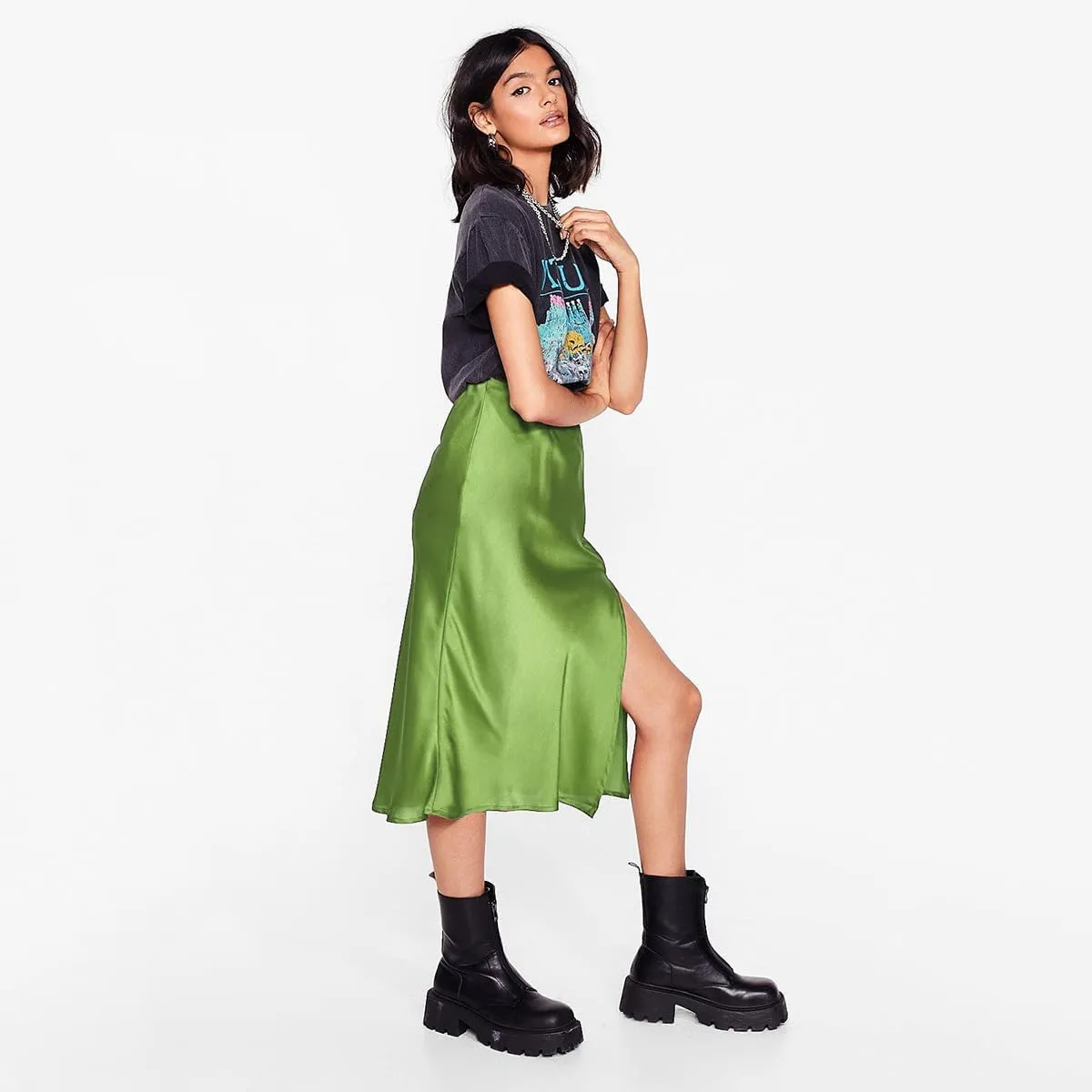 Midi Silk Skirt Women's Spring Summer Satin High Waist Side Split Ruffle A-line Long Skirts