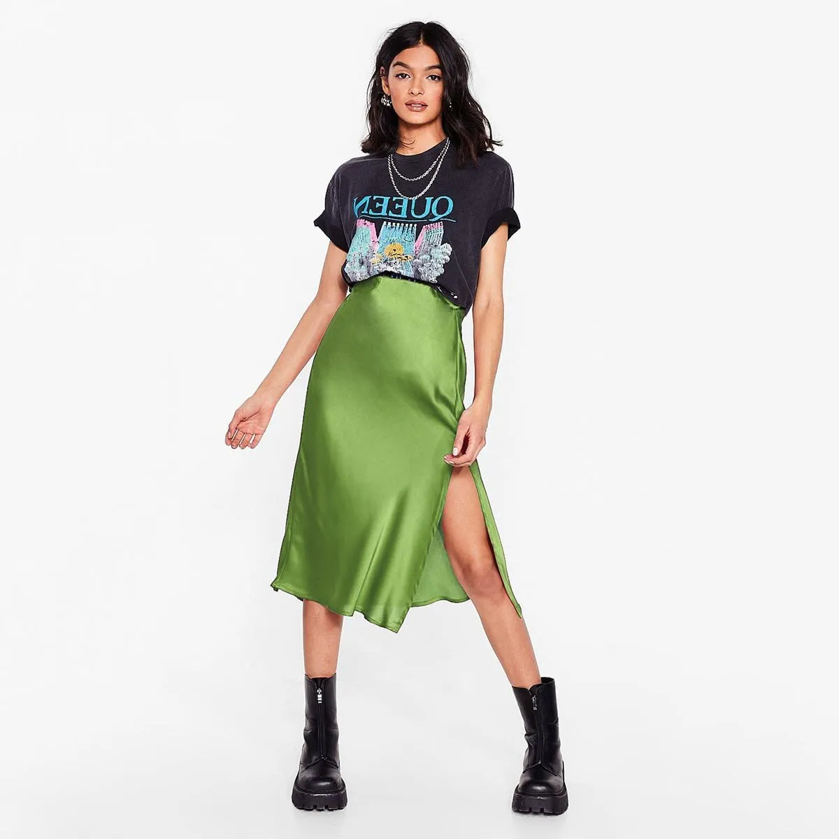 Midi Silk Skirt Women's Spring Summer Satin High Waist Side Split Ruffle A-line Long Skirts