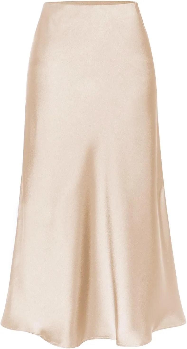 Midi Silk Skirt Women's Spring Summer Satin High Waist Side Split Ruffle A-line Long Skirts