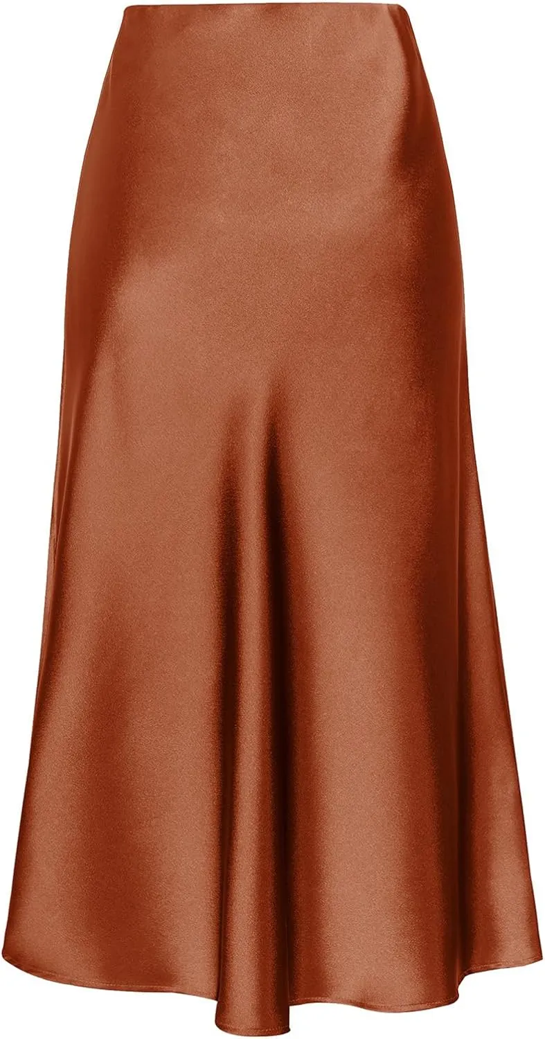 Midi Silk Skirt Women's Spring Summer Satin High Waist Side Split Ruffle A-line Long Skirts