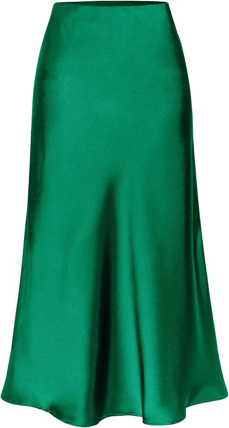 Midi Silk Skirt Women's Spring Summer Satin High Waist Side Split Ruffle A-line Long Skirts