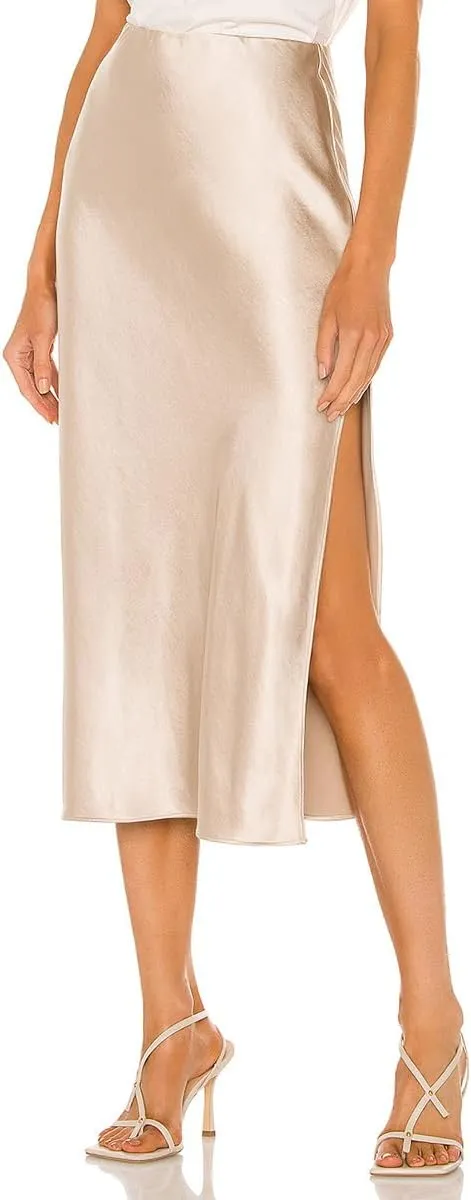 Midi Silk Skirt Women's Spring Summer Satin High Waist Side Split Ruffle A-line Long Skirts