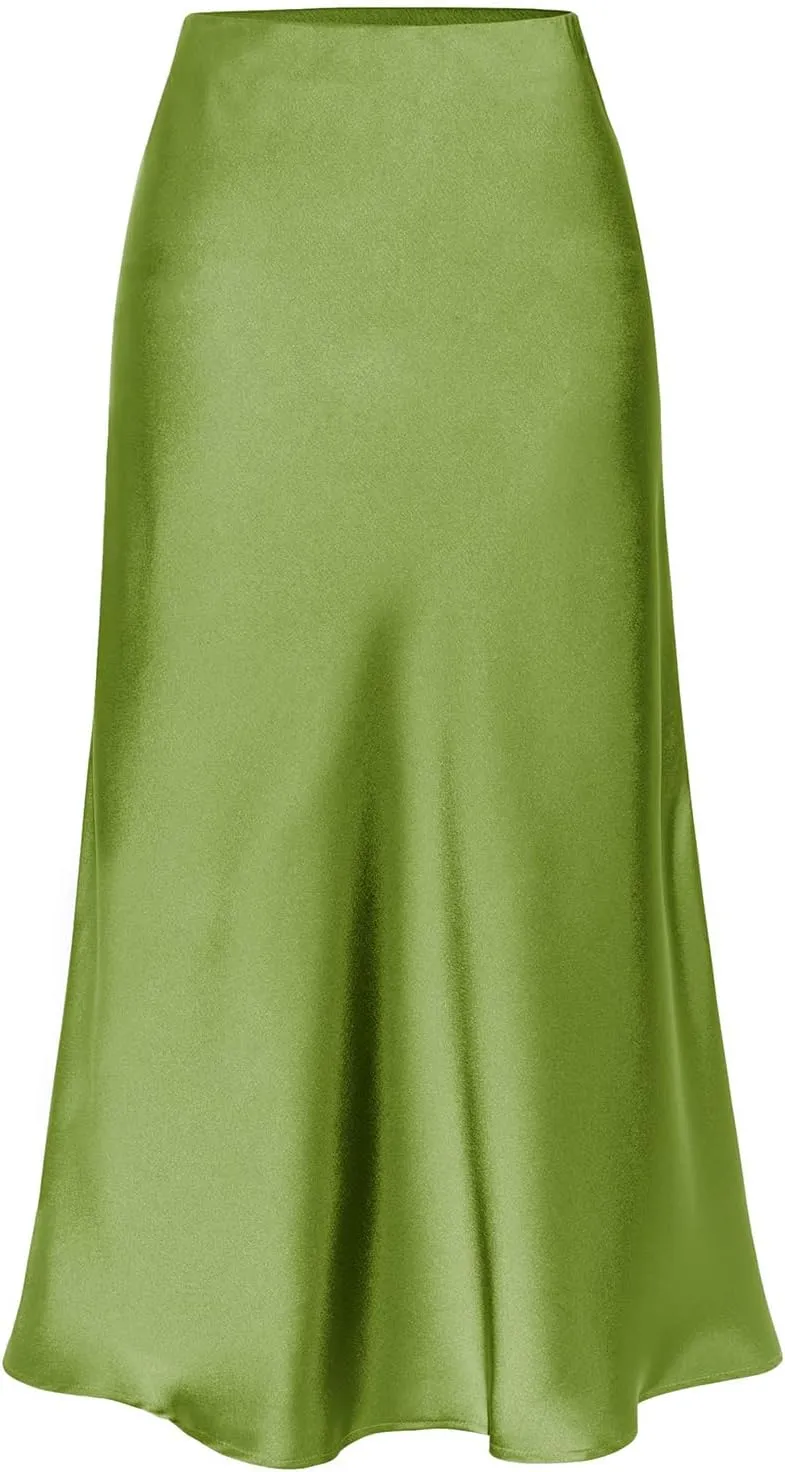 Midi Silk Skirt Women's Spring Summer Satin High Waist Side Split Ruffle A-line Long Skirts