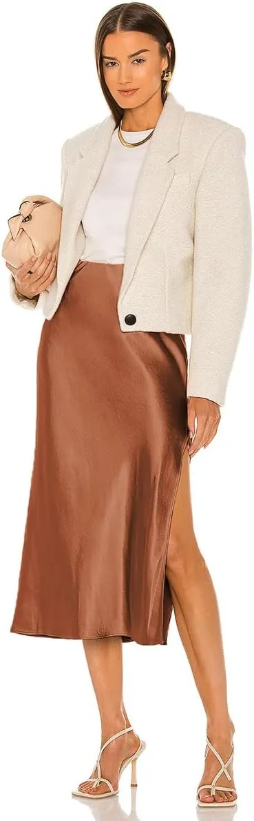 Midi Silk Skirt Women's Spring Summer Satin High Waist Side Split Ruffle A-line Long Skirts