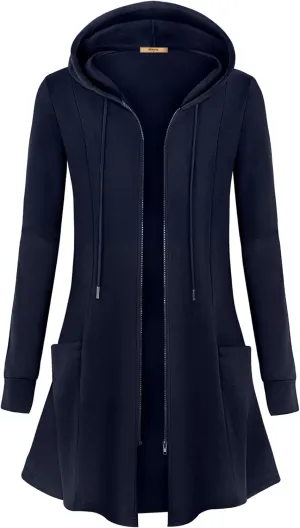 Miusey Womens Zip Up Long Hoodie Jacket Lightweight Tunic Sweatshirt Open Front Cardigan