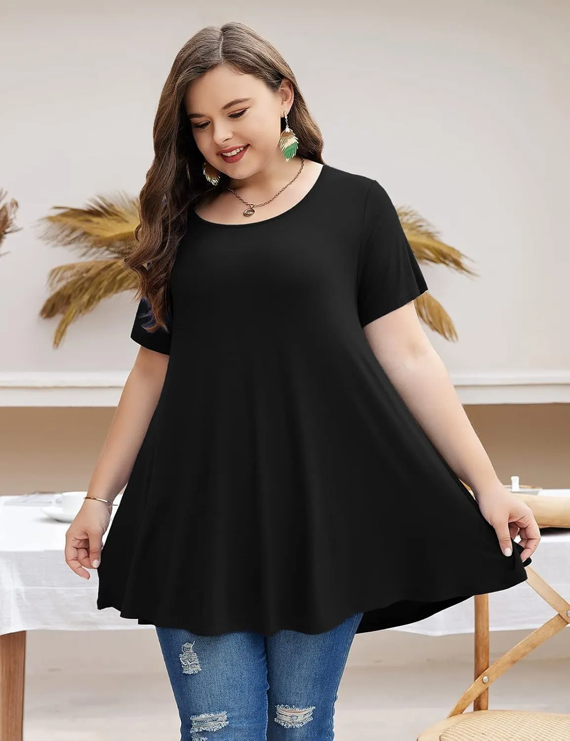 MONNURO Womens Short Sleeve Casual Loose Fit Flare Swing Tunic Tops Basic T-Shirt Plus Size