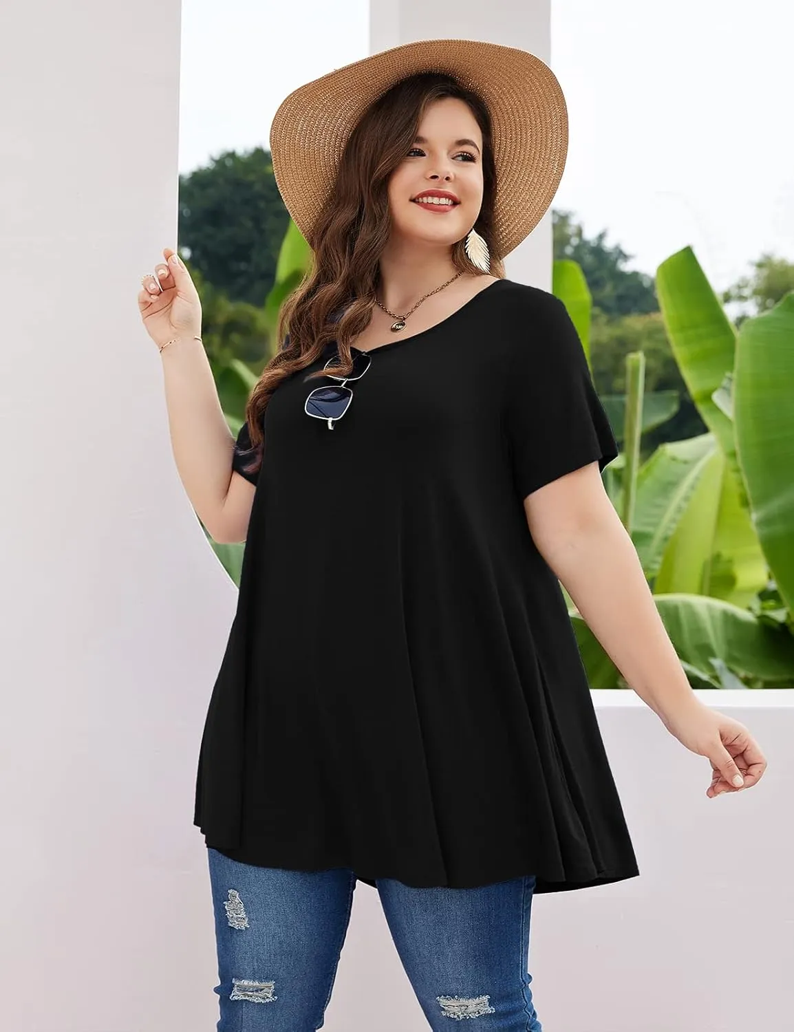 MONNURO Womens Short Sleeve Casual Loose Fit Flare Swing Tunic Tops Basic T-Shirt Plus Size