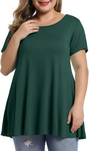 MONNURO Womens Short Sleeve Casual Loose Fit Flare Swing Tunic Tops Basic T-Shirt Plus Size(Dark Green,4X)