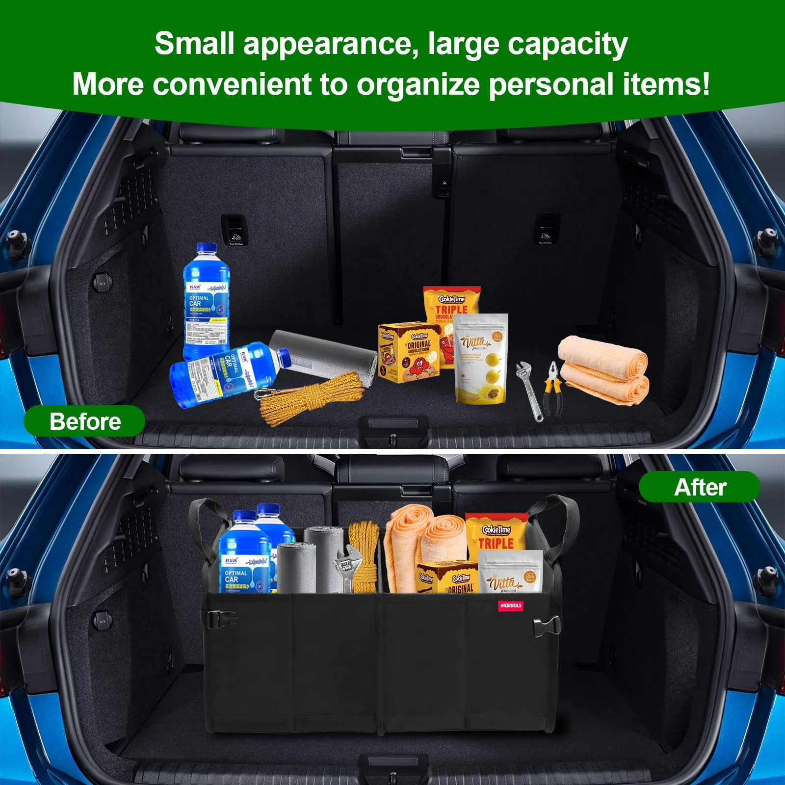 MORROLS Car Trunk Organizer,Car Storage Box Car Organizers and Storage Collapsible 2-Compartments Trunk Storage,Waterproof Car Storage Organizer Small