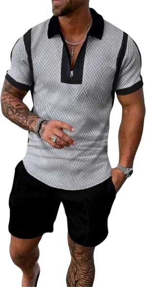 MQUN Summer men short sets outfits 2 Piece Short Sleeve Polo Shirt Shorts Set men short sets outfits Casual Sport Suit