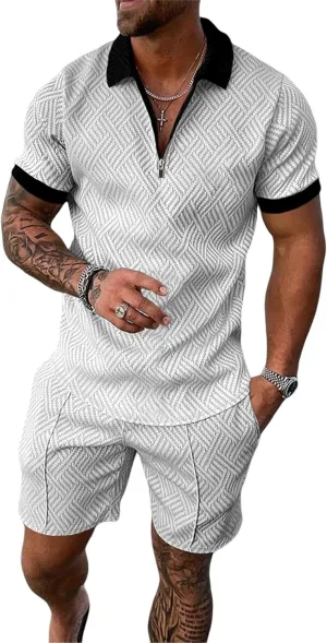 MQUN Summer men short sets outfits 2 Piece Short Sleeve Polo Shirt Shorts Set men short sets outfits Casual Sport Suit
