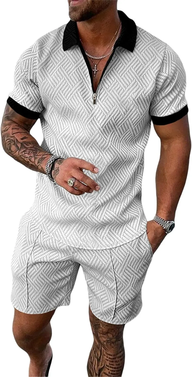 MQUN Summer men short sets outfits 2 Piece Short Sleeve Polo Shirt Shorts Set men short sets outfits Casual Sport Suit