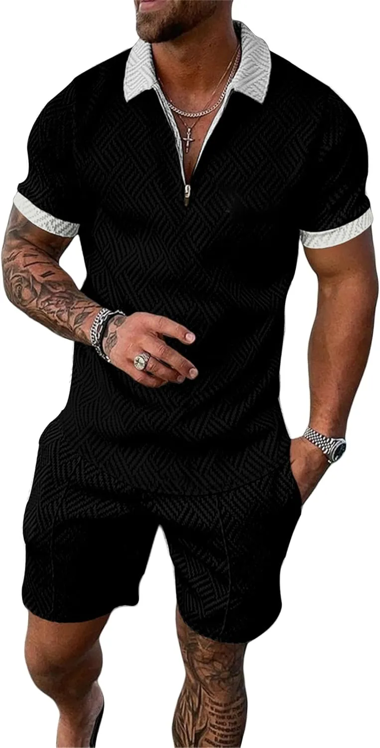 MQUN Summer men short sets outfits 2 Piece Short Sleeve Polo Shirt Shorts Set men short sets outfits Casual Sport Suit