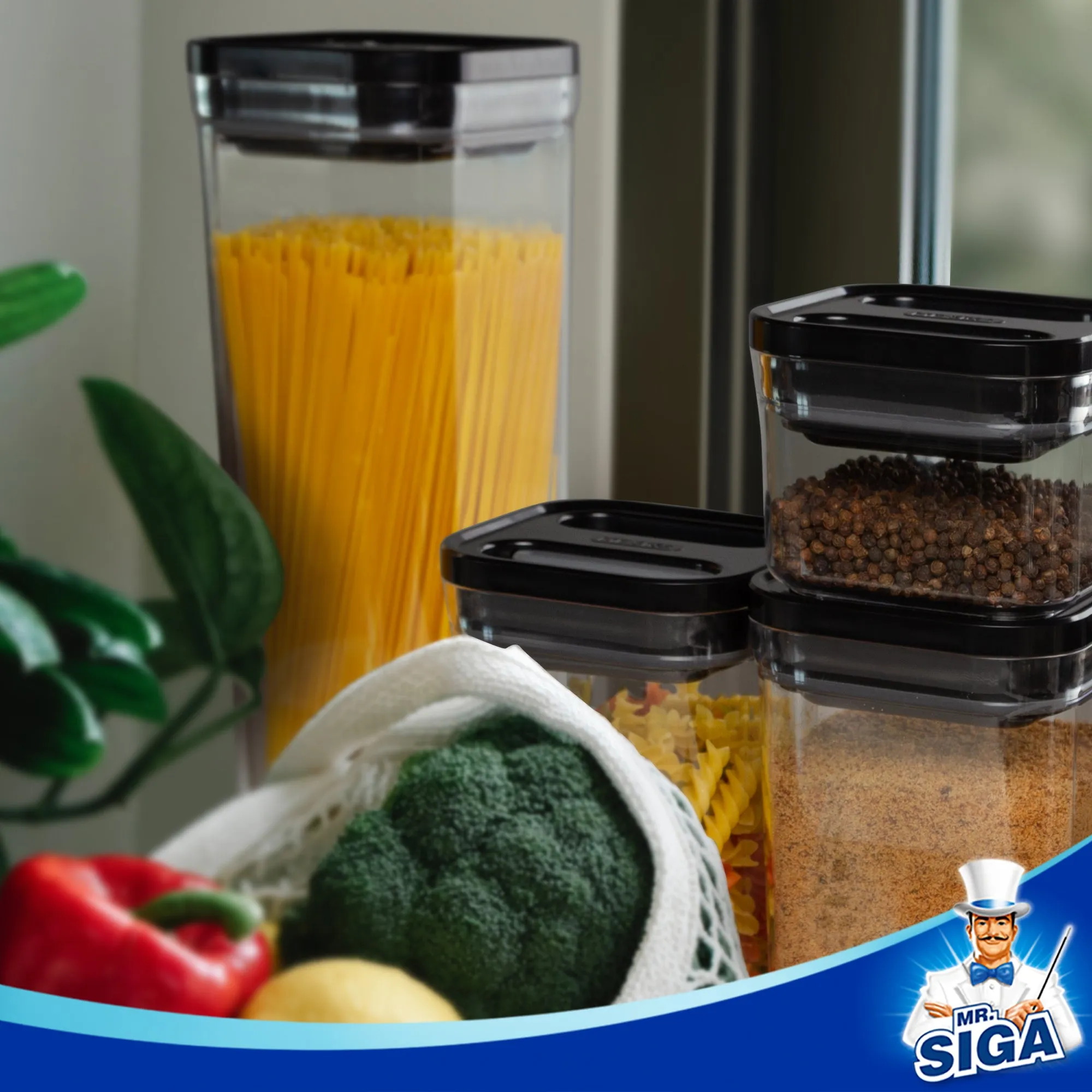 MR.SIGA 4 Pack Airtight Food Storage Container Set, BPA Free Kitchen Pantry Organization Canisters, One-Handed Airtight Cereal Snack Candy Storage Containers, 1 L / 34oz, Medium, Black