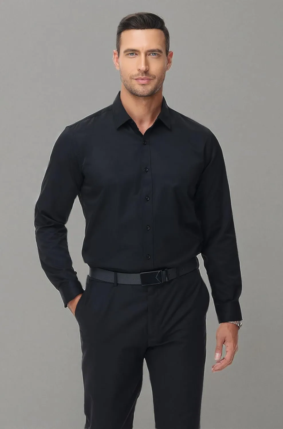 MUSE FATH Men's Long Sleeve Slim Fit Dress Shirts Stain Shield Solid Formal Shirt Business Casual Button Down Shirts