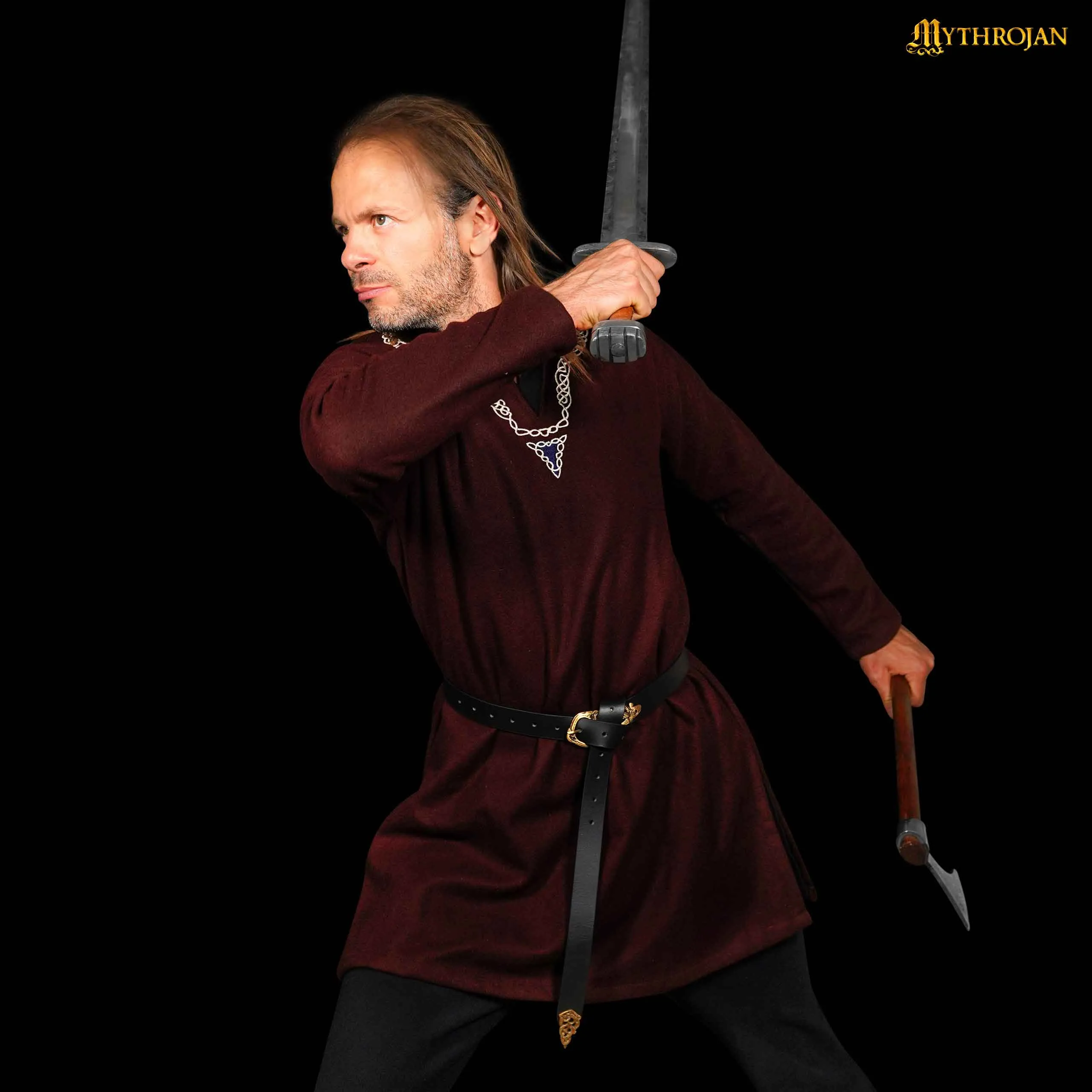 Mythrojan Embroidered Woolen Viking Tunic , Ideal for Vikings Warriors Rangers LARP SCA - Brown