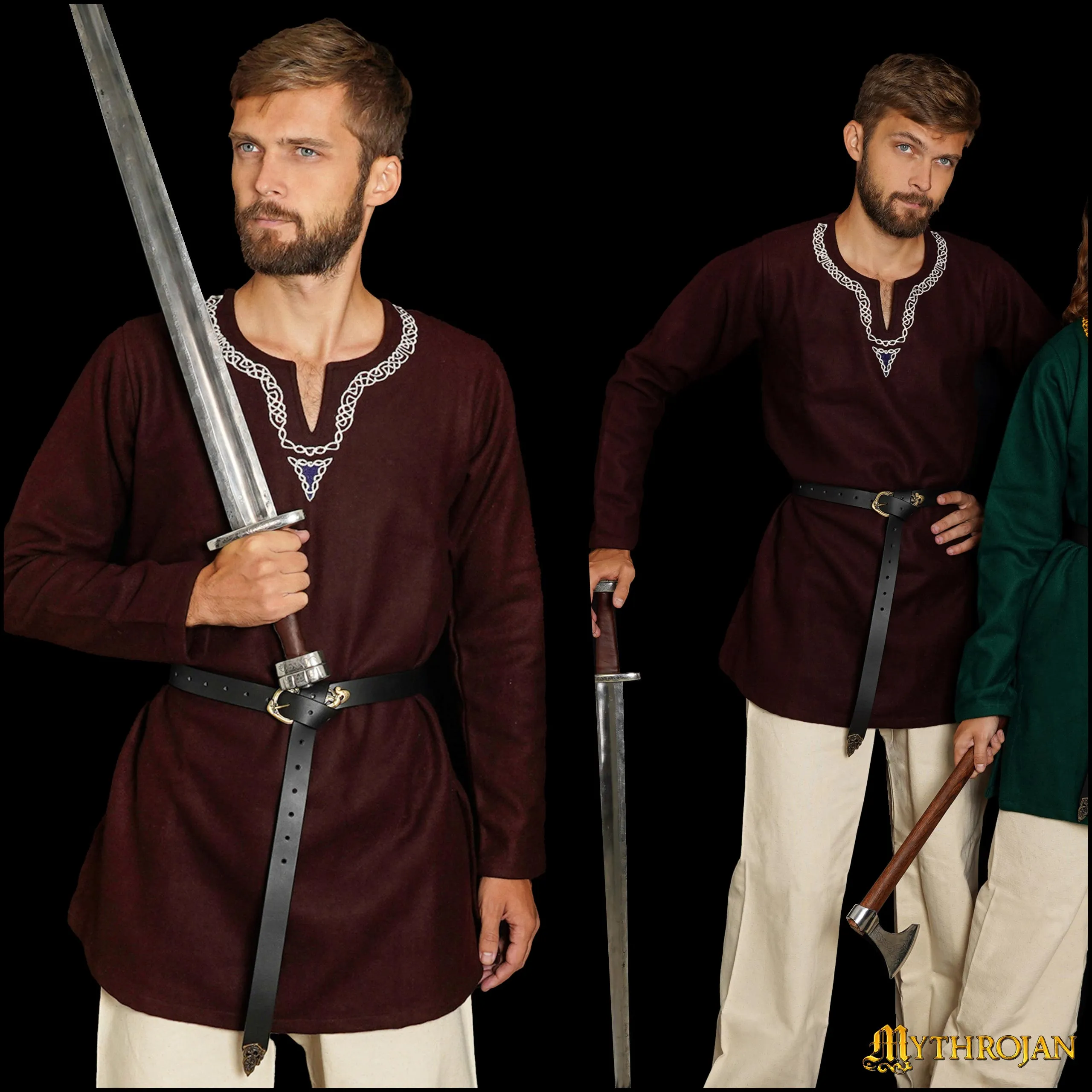 Mythrojan Embroidered Woolen Viking Tunic , Ideal for Vikings Warriors Rangers LARP SCA - Brown