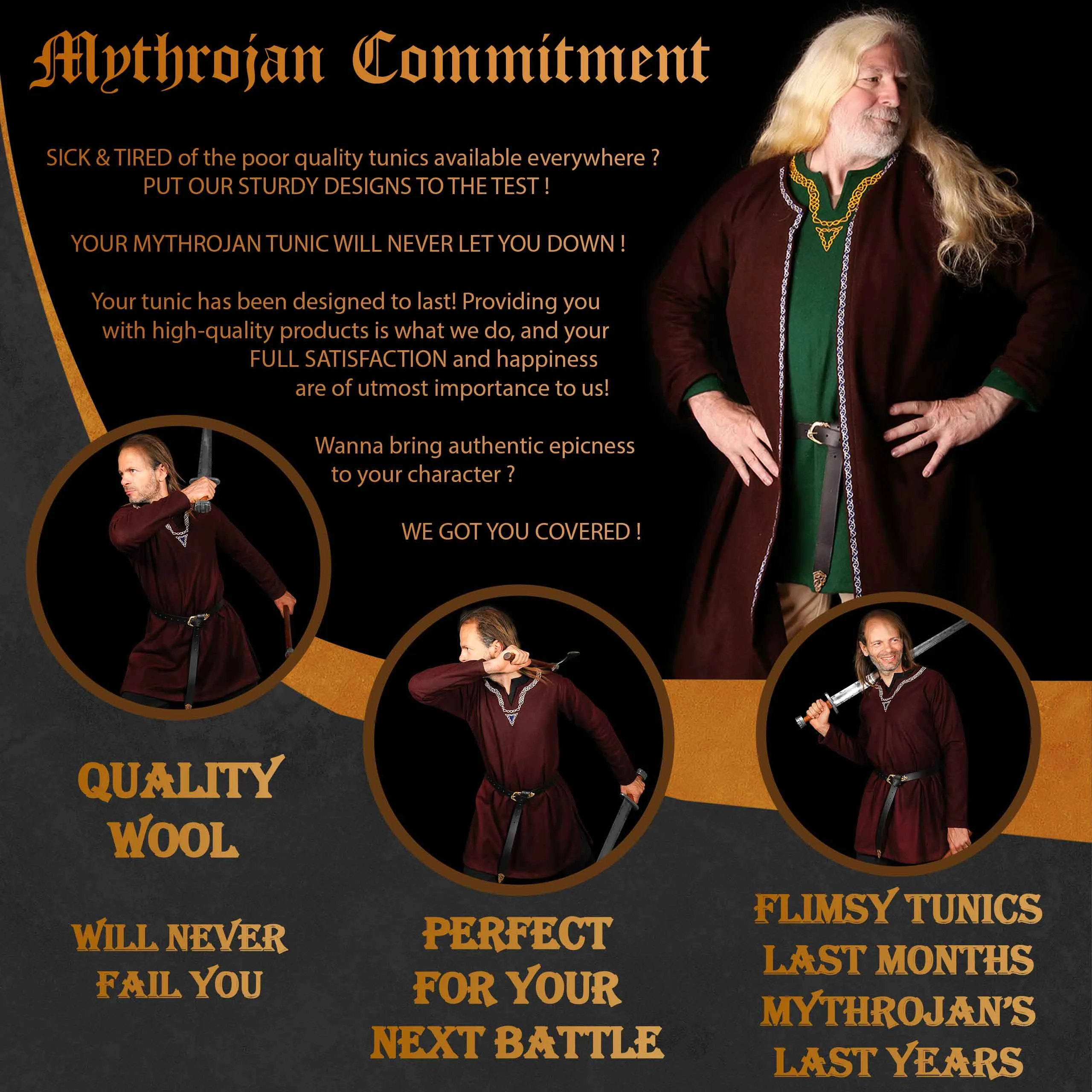 Mythrojan Embroidered Woolen Viking Tunic , Ideal for Vikings Warriors Rangers LARP SCA - Brown