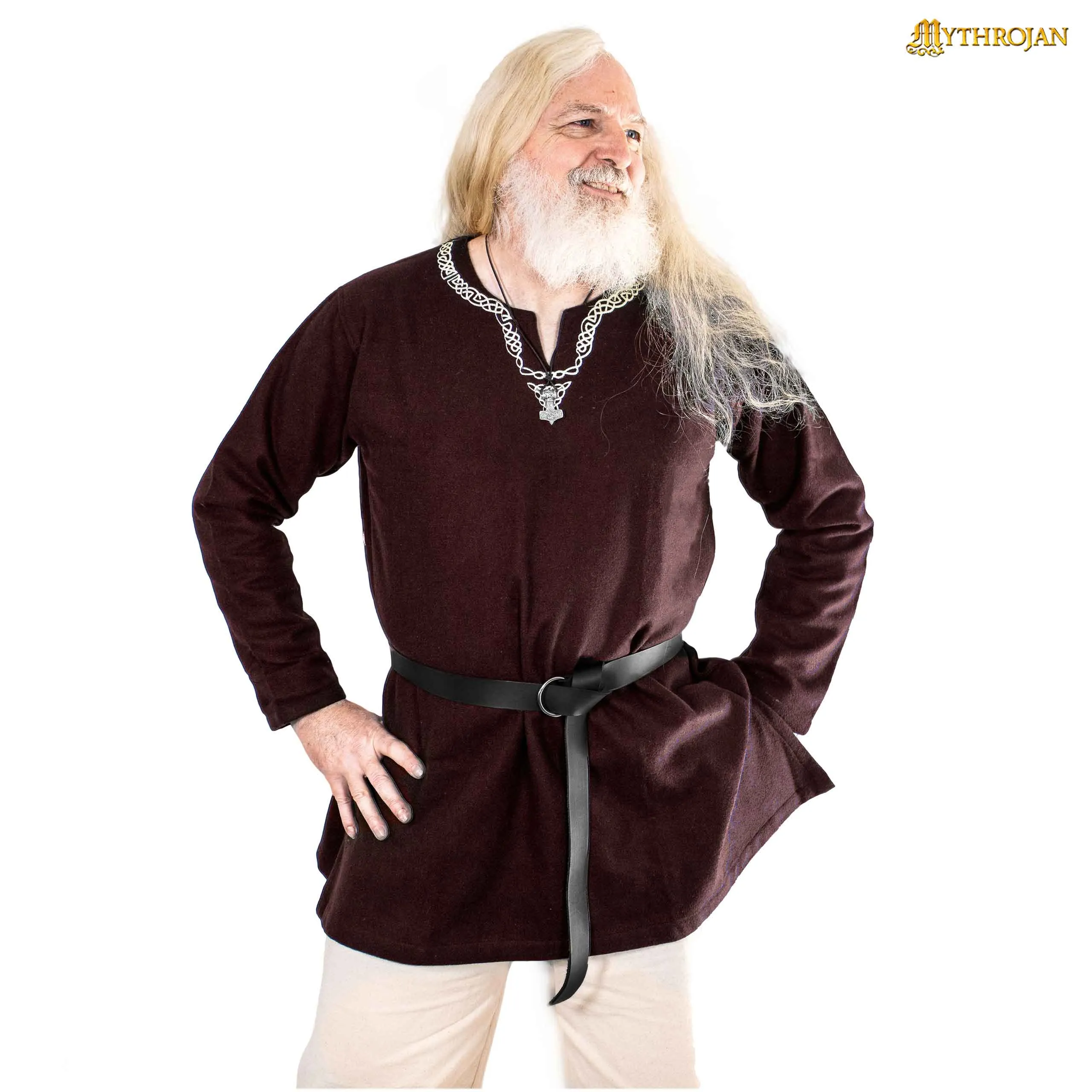 Mythrojan Embroidered Woolen Viking Tunic , Ideal for Vikings Warriors Rangers LARP SCA - Brown