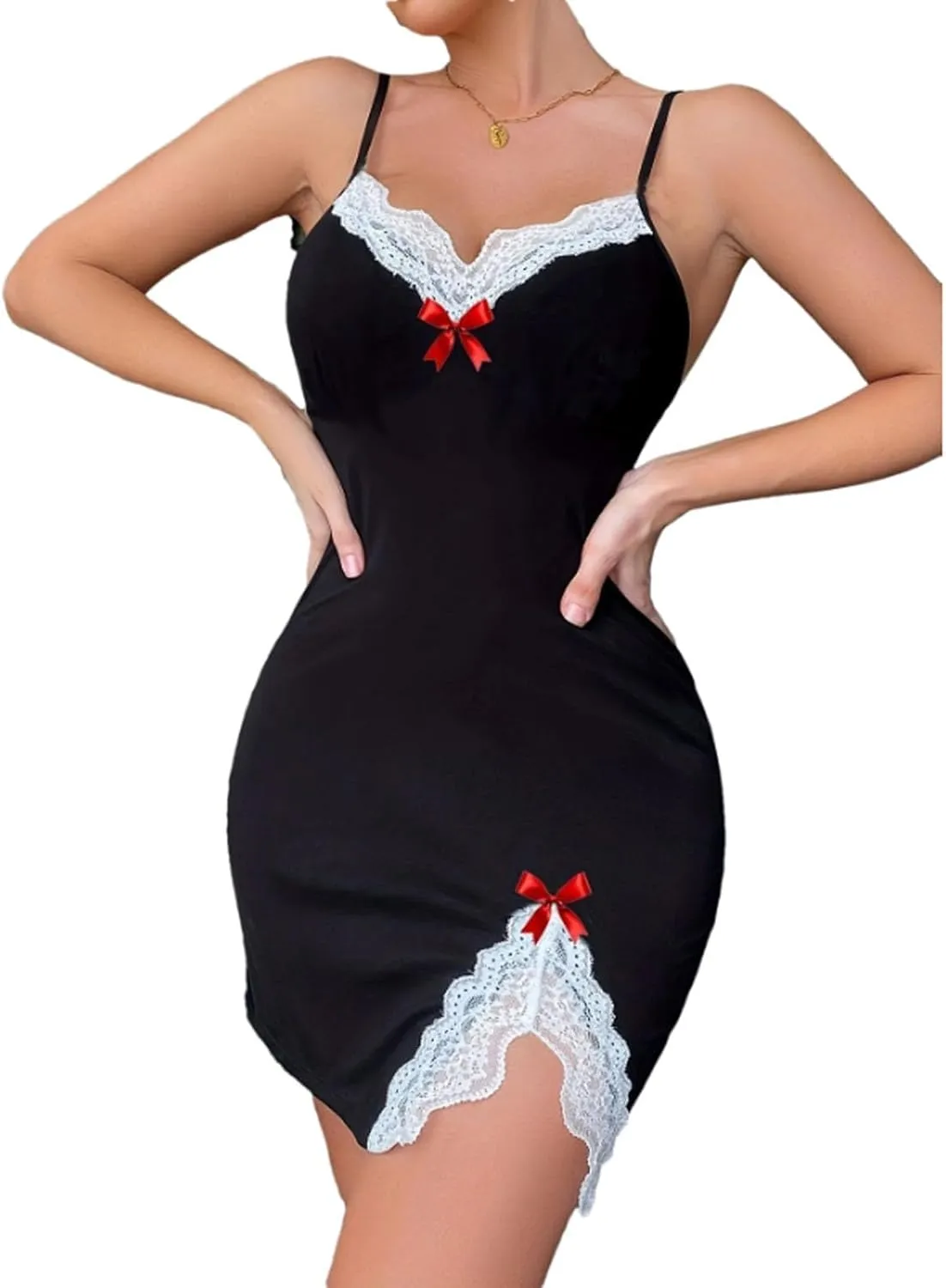 NATHGAM Women Floral Print Chemise Mini Dress Sexy Valentine's Day Lingerie Nightdress Bow Ruffle Hem Babydoll Cute Sleepwear