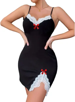 NATHGAM Women Floral Print Chemise Mini Dress Sexy Valentine's Day Lingerie Nightdress Bow Ruffle Hem Babydoll Cute Sleepwear