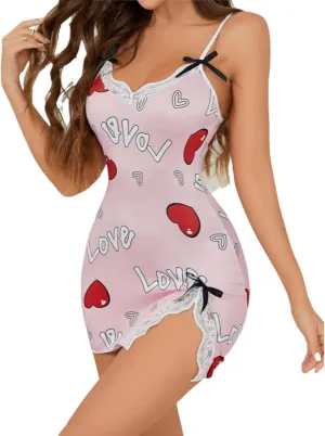 NATHGAM Women Floral Print Chemise Mini Dress Sexy Valentine's Day Lingerie Nightdress Bow Ruffle Hem Babydoll Cute Sleepwear