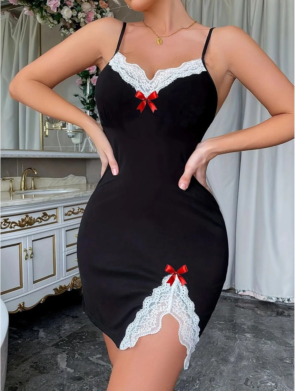 NATHGAM Women Floral Print Chemise Mini Dress Sexy Valentine's Day Lingerie Nightdress Bow Ruffle Hem Babydoll Cute Sleepwear