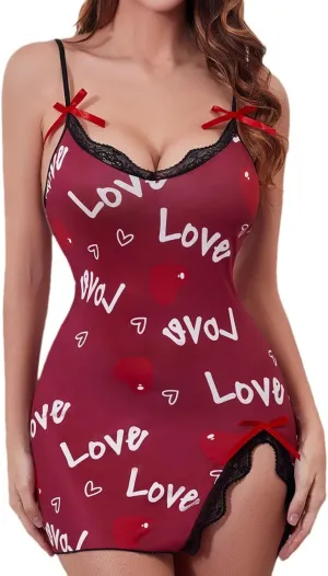 NATHGAM Women Floral Print Chemise Mini Dress Sexy Valentine's Day Lingerie Nightdress Bow Ruffle Hem Babydoll Cute Sleepwear
