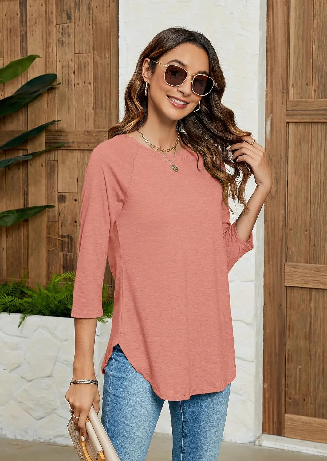 Newchoice Womens 3/4 Length Sleeve Tops Casual Round Neck Basic Tunic Shirts Loose Fit