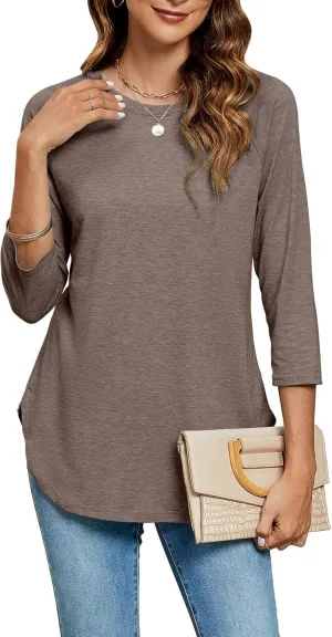 Newchoice Womens 3/4 Length Sleeve Tops Casual Round Neck Basic Tunic Shirts Loose Fit