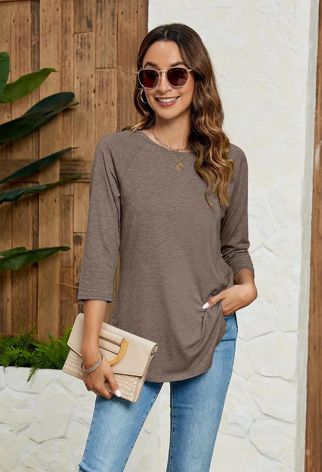 Newchoice Womens 3/4 Length Sleeve Tops Casual Round Neck Basic Tunic Shirts Loose Fit