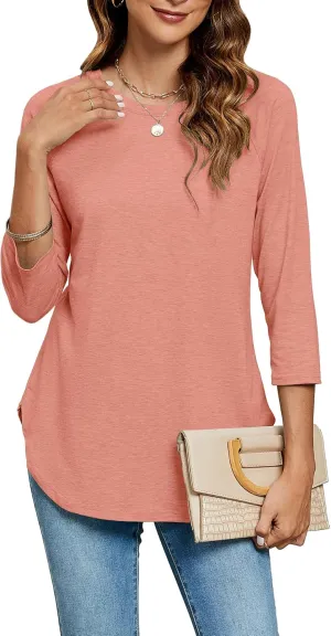 Newchoice Womens 3/4 Length Sleeve Tops Casual Round Neck Basic Tunic Shirts Loose Fit