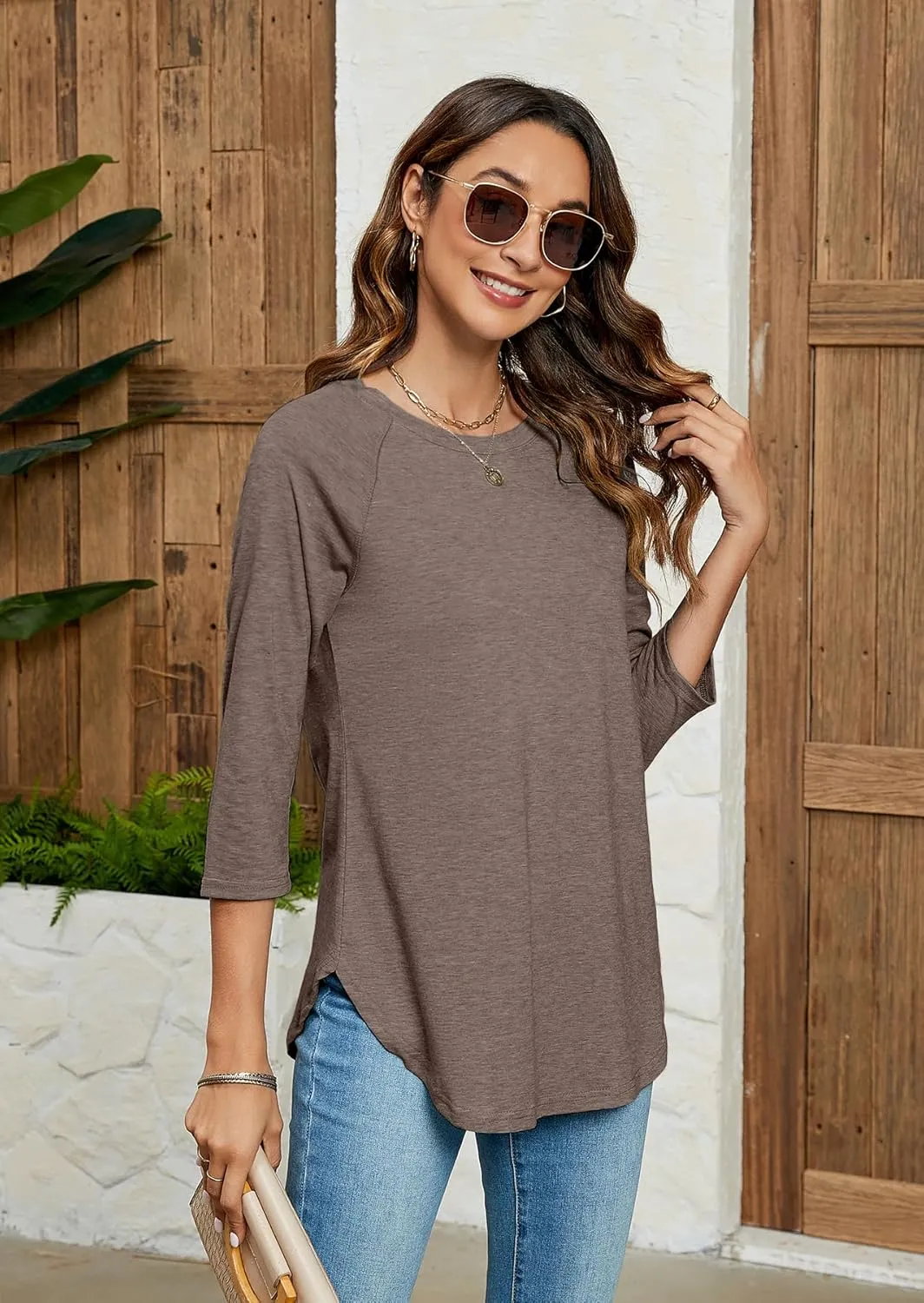 Newchoice Womens 3/4 Length Sleeve Tops Casual Round Neck Basic Tunic Shirts Loose Fit