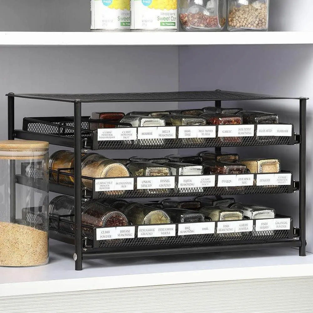 NEX 3 Tier Standing Spice Rack Kitchen Countertop Storage Organizer, Adjustable Shelf Pull Out Spice Rack Slide Out Cabinet for Spice Jars Glass Empty Cabinets, Holds 18,24,30 Jars (Brown, 30 Jars)