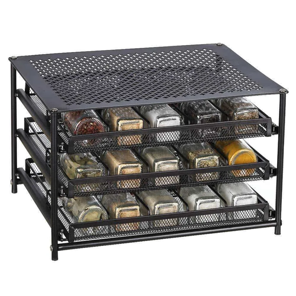 NEX 3 Tier Standing Spice Rack Kitchen Countertop Storage Organizer, Adjustable Shelf Pull Out Spice Rack Slide Out Cabinet for Spice Jars Glass Empty Cabinets, Holds 18,24,30 Jars (Brown, 30 Jars)