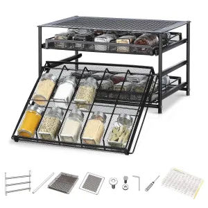 NEX 3 Tier Standing Spice Rack Kitchen Countertop Storage Organizer, Adjustable Shelf Pull Out Spice Rack Slide Out Cabinet for Spice Jars Glass Empty Cabinets, Holds 18,24,30 Jars (Brown, 30 Jars)