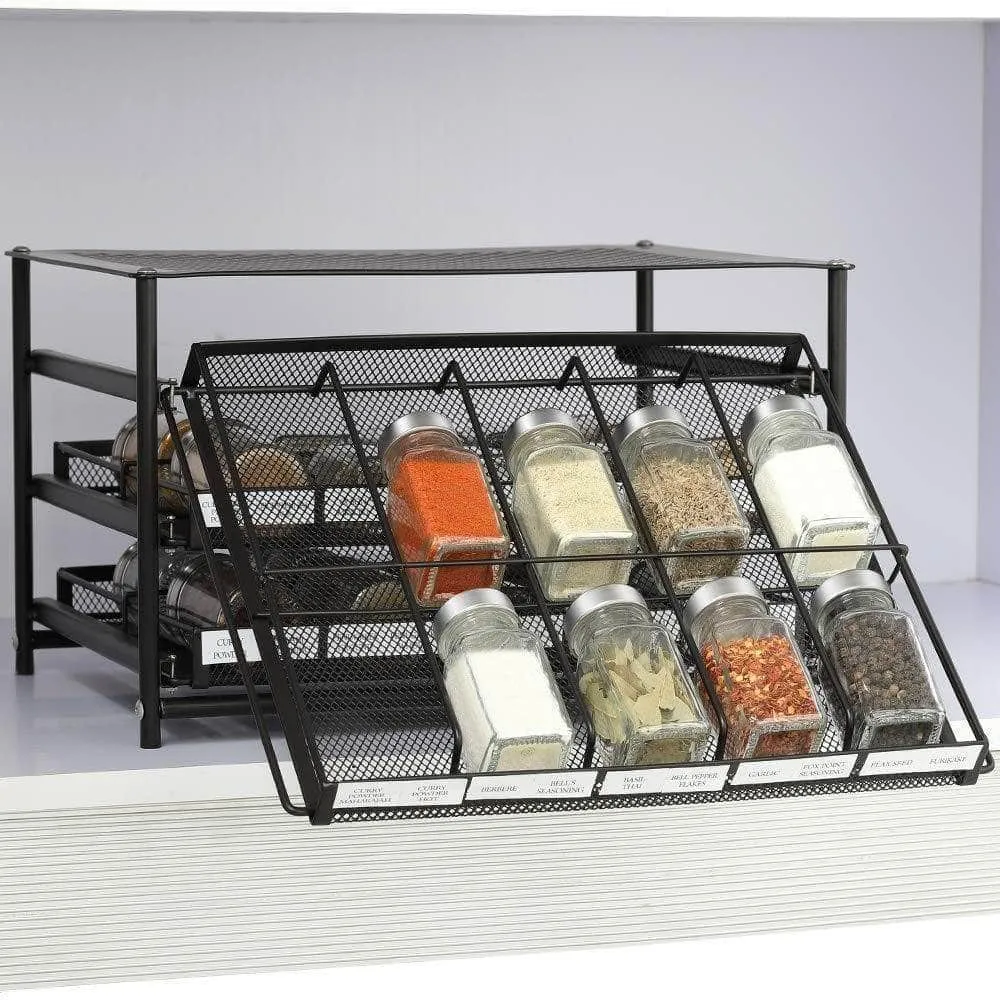 NEX 3 Tier Standing Spice Rack Kitchen Countertop Storage Organizer, Adjustable Shelf Pull Out Spice Rack Slide Out Cabinet for Spice Jars Glass Empty Cabinets, Holds 18,24,30 Jars (Brown, 30 Jars)