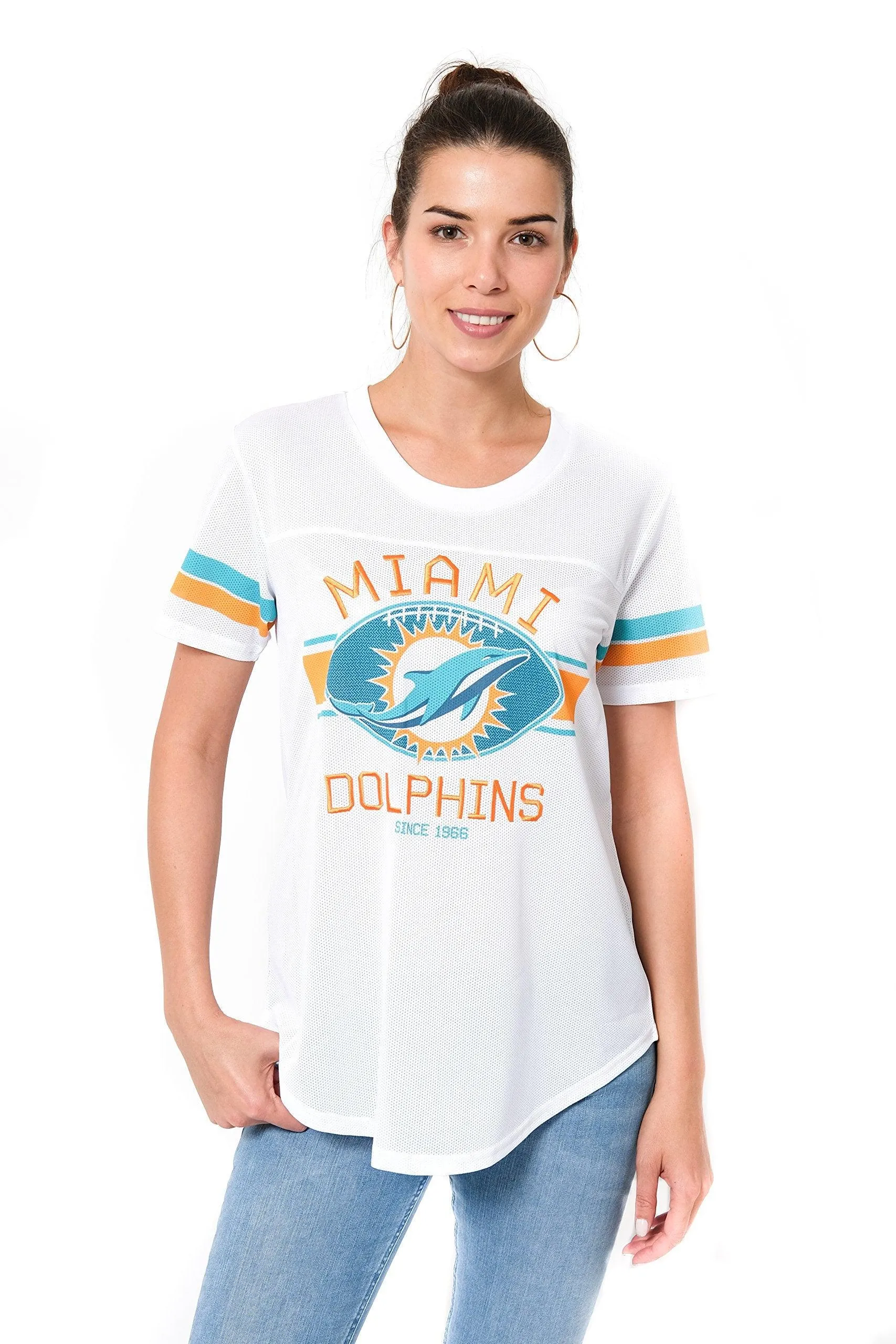 NFL Miami Dolphins Womens Soft Mesh Jersey Varsity Tee Shirt|Miami Dolphins