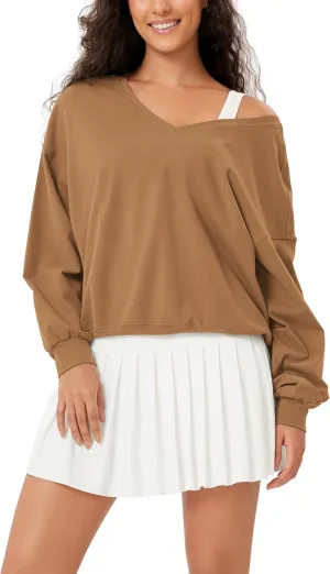 ODODOS Women's Purevibe Cotton Double V Pullover Long Sleeve Shirts Fall Outfits Oversized Tops