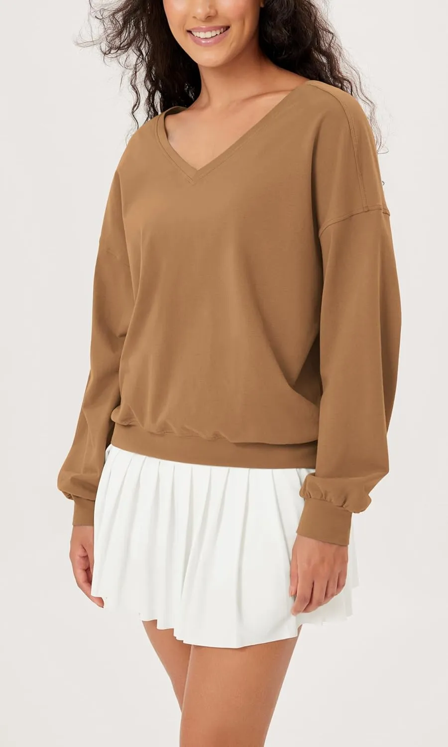 ODODOS Women's Purevibe Cotton Double V Pullover Long Sleeve Shirts Fall Outfits Oversized Tops