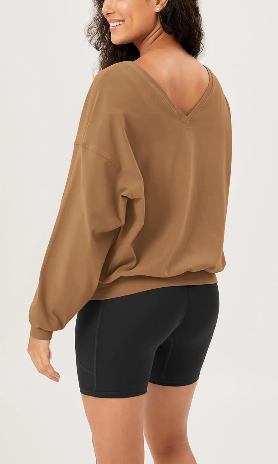 ODODOS Women's Purevibe Cotton Double V Pullover Long Sleeve Shirts Fall Outfits Oversized Tops