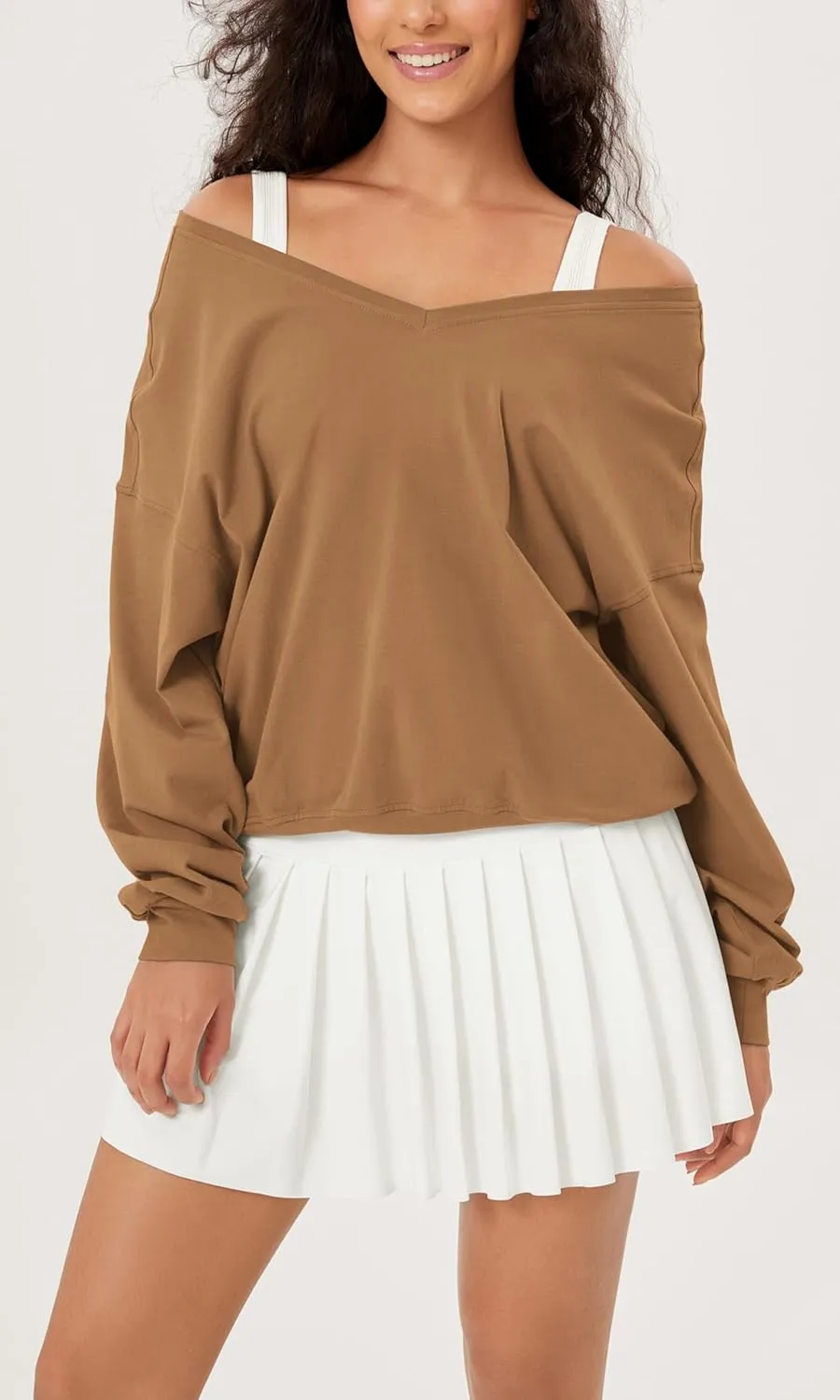 ODODOS Women's Purevibe Cotton Double V Pullover Long Sleeve Shirts Fall Outfits Oversized Tops