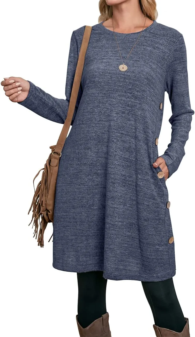 OFEEFAN Womens Long Sleeve Tunic Dres Fall Outfits with Pockets Buttons
