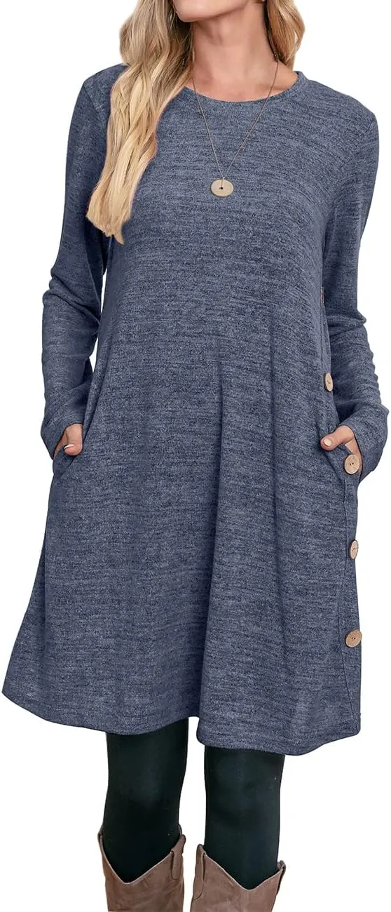 OFEEFAN Womens Long Sleeve Tunic Dres Fall Outfits with Pockets Buttons