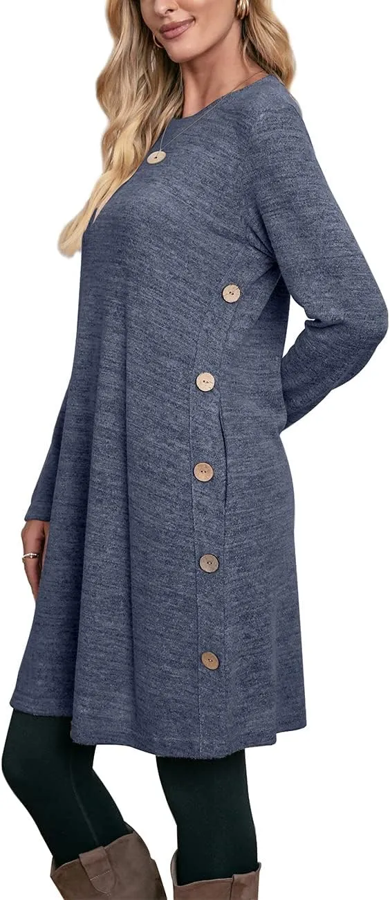 OFEEFAN Womens Long Sleeve Tunic Dres Fall Outfits with Pockets Buttons