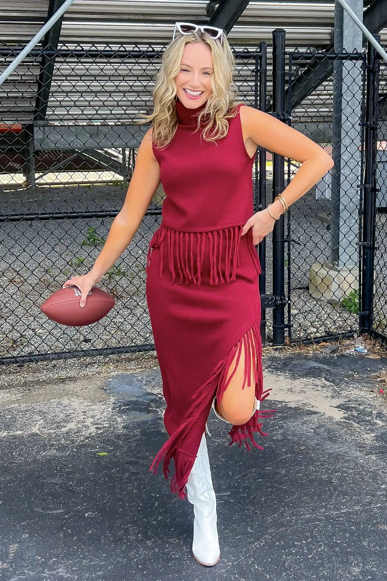 On the Road Burgundy Fringe Knit Maxi Skirt
