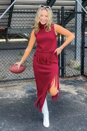 On the Road Burgundy Fringe Knit Maxi Skirt
