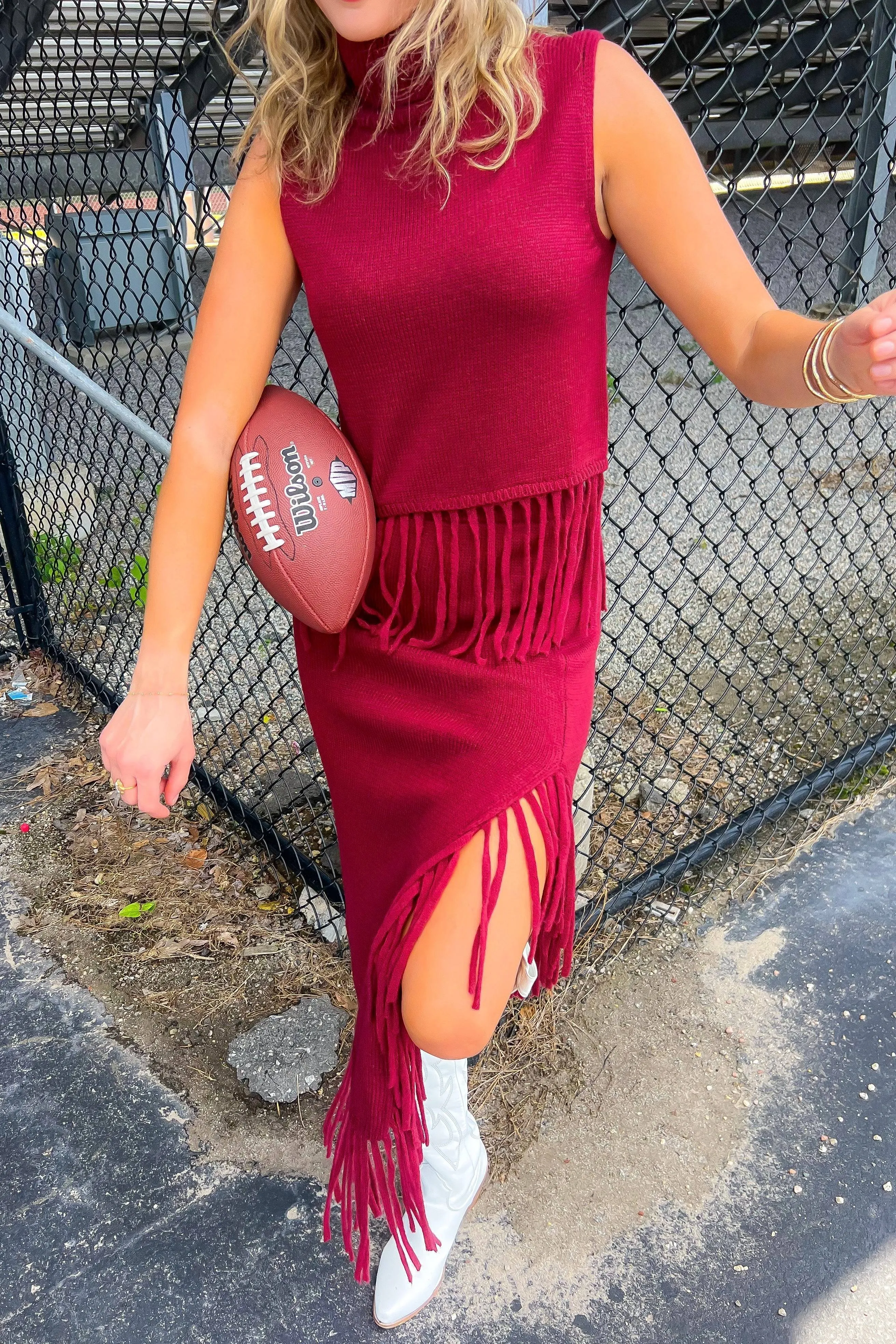 On the Road Burgundy Fringe Knit Maxi Skirt